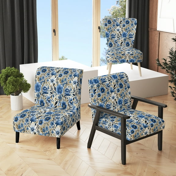 Designart "Nordic Blue Floral Minimalism" Blue Floral Upholstered Accent Chair - Cottage Arm Chair For Living Room