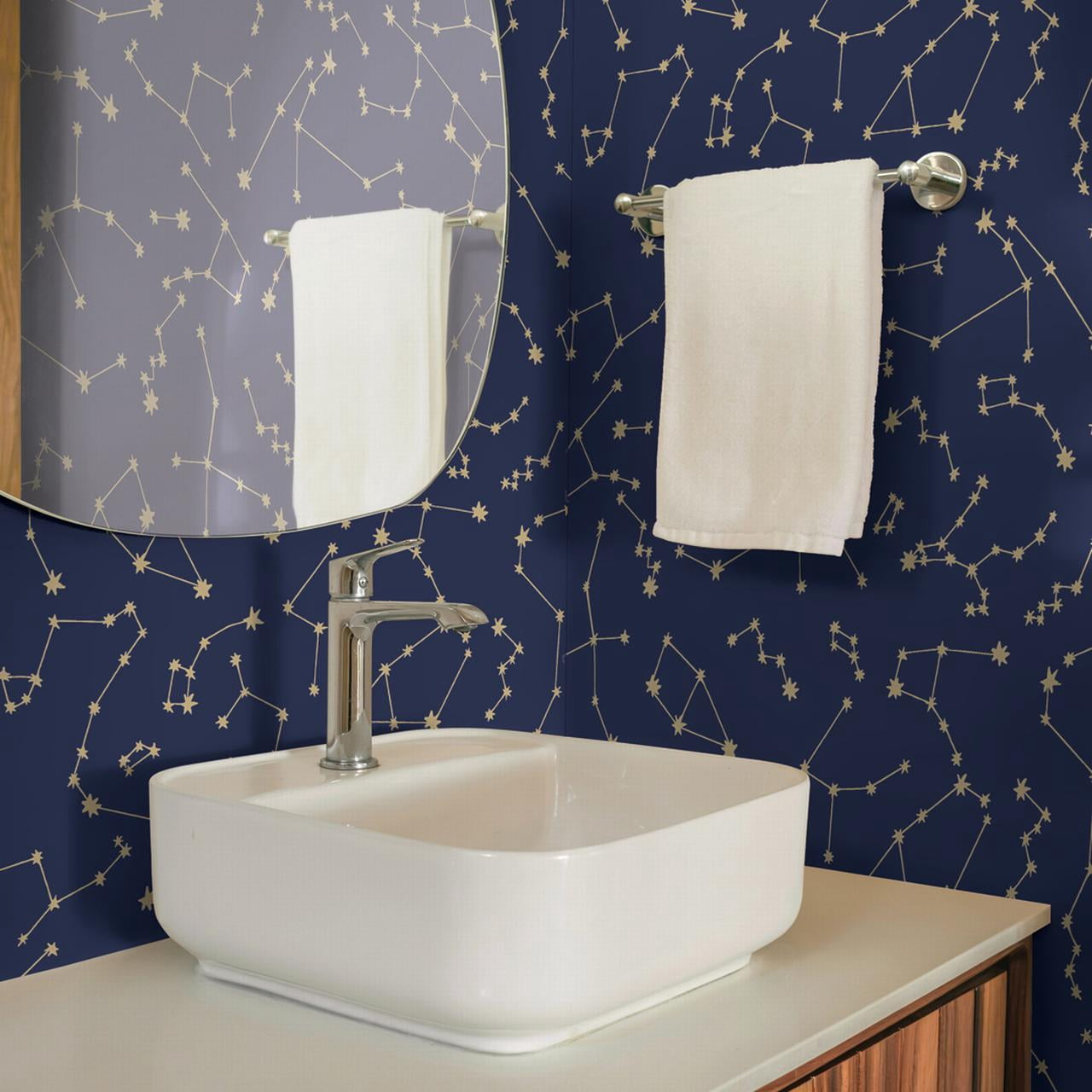 Tempaper x Novogratz Constellations Navy & Metallic Gold Peel and Stick Wallpaper, 20.5" x 16.5'