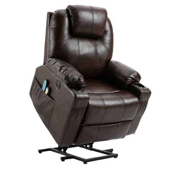 MEETWARM Power Lift Chair Electric Recliner for Elderly Heated Vibration Massage Faux Leather Recliner Chair with 2 Remote Controls, USB Ports, Cup Holders & Side Pockets for Living Room (Brown)