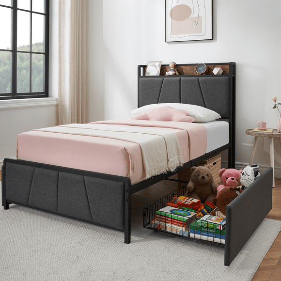 Cama Twin Tapizada – Cabecera con Almacenamiento – Carga USB y Type-C – 2 Cajones Debajo de la Cama – Lamas Metálicas – Sin Ruido – Fácil Montaje – Gris