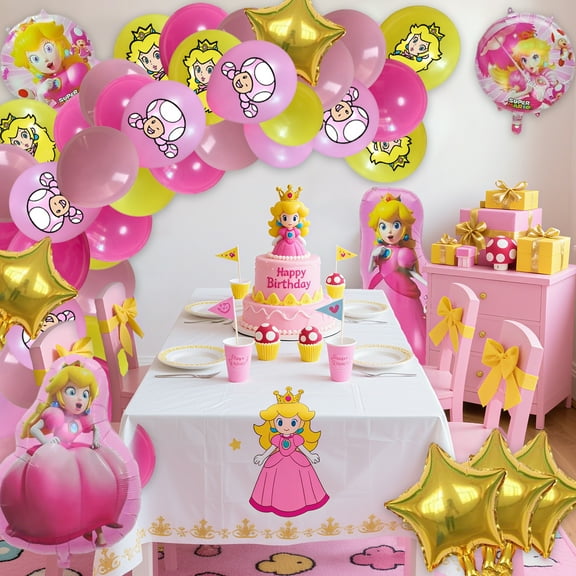 129Pcs Princess Peach Balloon Party Decorations Princess Peach Birthday Decorations Balloons Set - Princess Peach Theme Party Latex Balloons & Foil Balloons for Kids Birthday Party Decorations