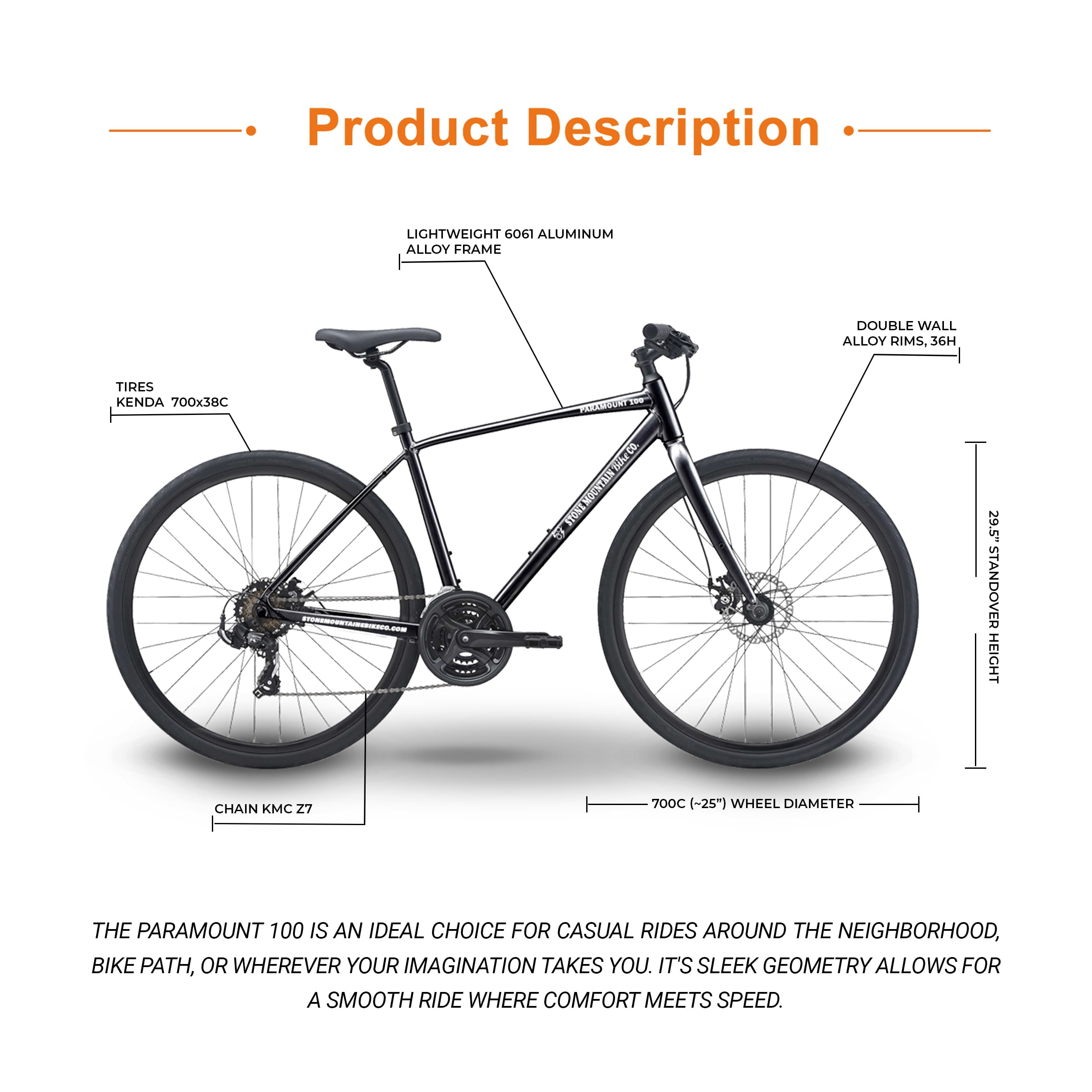 5Seconds PARAMOUNT 100 Hybrid Bicycle, Lightweight Aluminum Frame 21- Speed Bike with Trigger Shifters, and Mechanical Disc Brakes - Black
