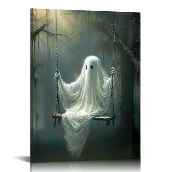 Vintage Halloween The Ghost on the Swing Canvas Wall Art Painting ，Gothic Print Pictures for Home Wall Decor Horror Creepy Dark Posters for Living Bedroom Room Bar Home Halloween Party Decor Framed