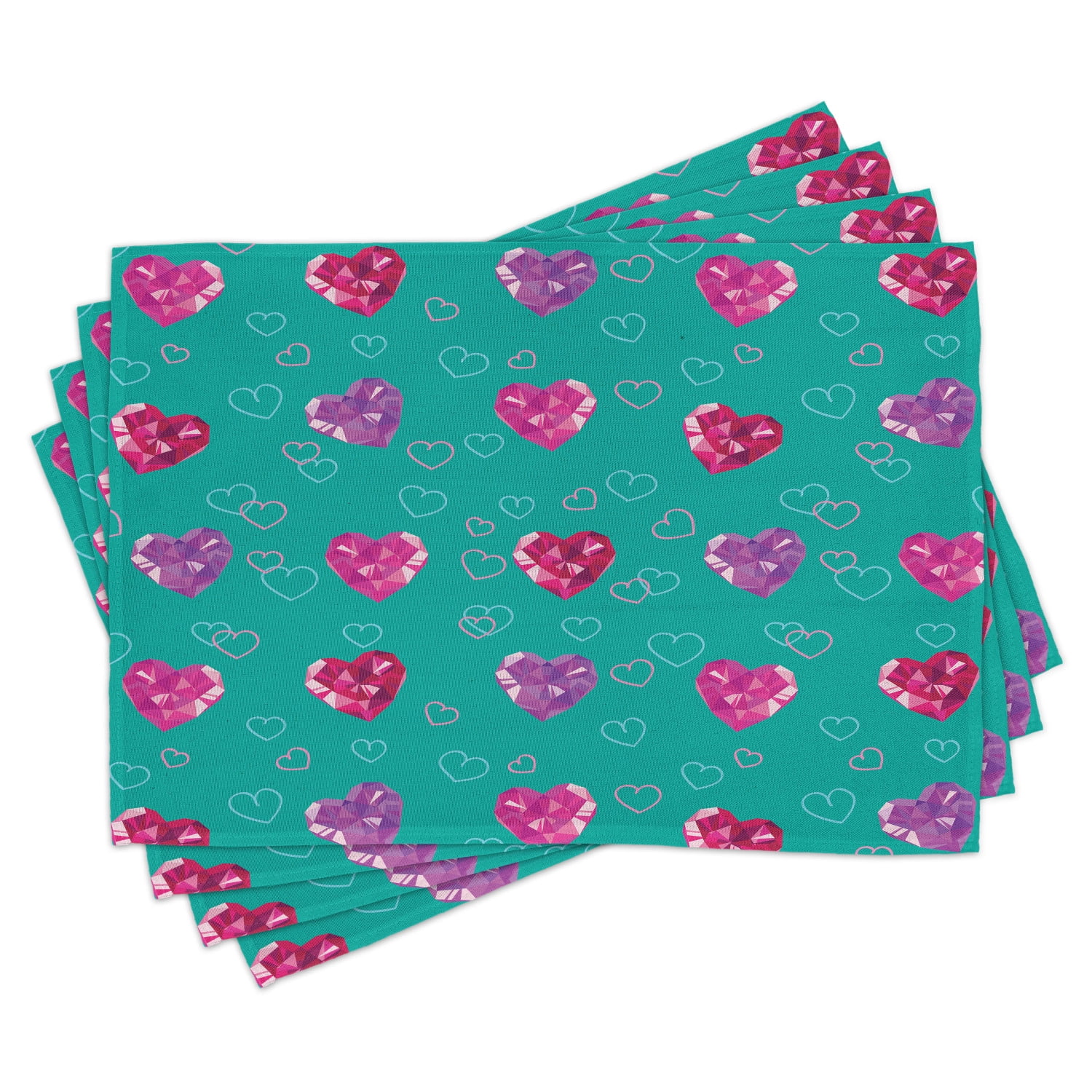 Teal Placemats Set of 4 Crystal Hearts and Gemstone Figures Valentine's