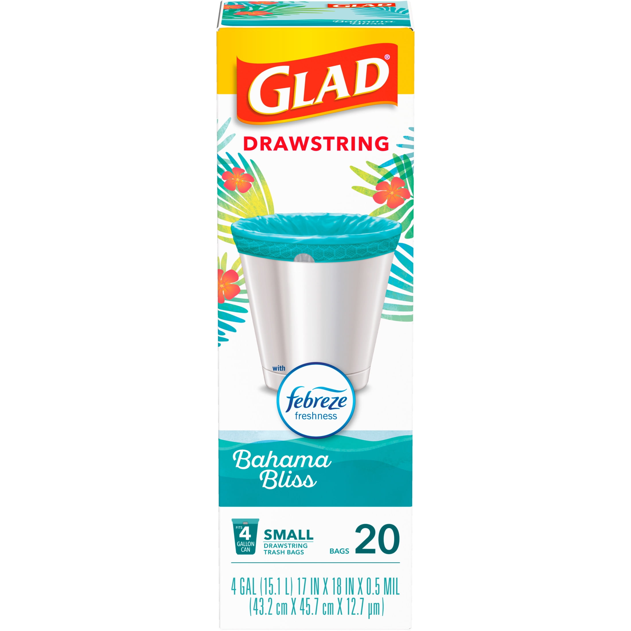 Glad 4-Gallon Teal Drawstring Small Trash Bags, Febreze Freshness Bahama Bliss Scent, 20 Bags