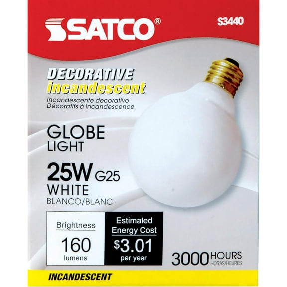 Satco S3440 Incandescent G25 Globe Light Bulbs 25W 120V 2700K E26 Medium Base Dimmable (6 Pack)