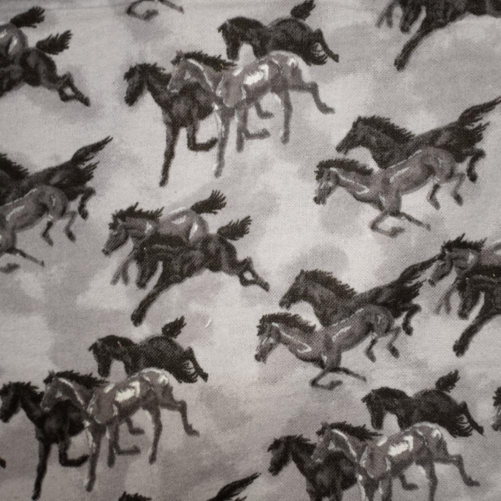 Horses Black Flannel Fabric