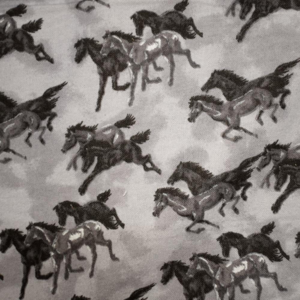 Horses Black Flannel Fabric