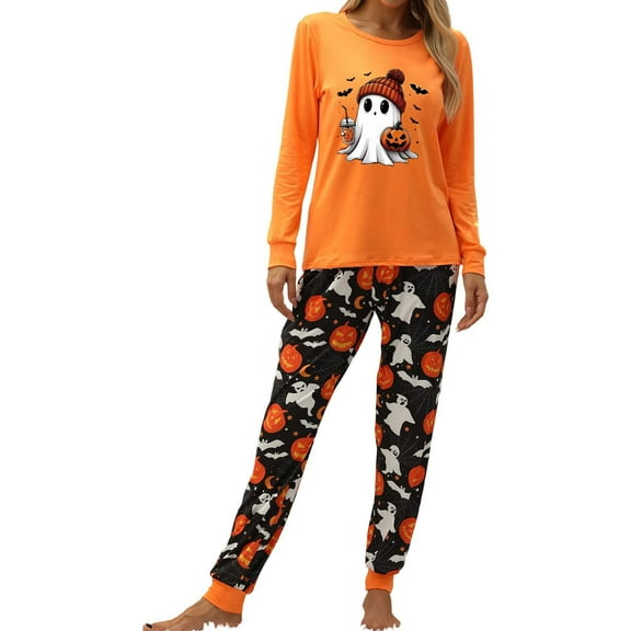 Womens Pajamas Fall Pajama Sets with Pumpkin Bat Ghost Print Long Sleeve Top and Loose Fit Pants Cozy Casual Sleepwear Women's Sleepwear Orange L