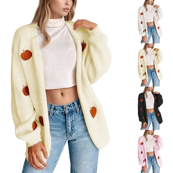 JTieacloth Womens Pumpkin Embroidery 3D Knit Cardigan Long Sleeve Open Front Sweater Outwear Cozy Fall Fashion Top