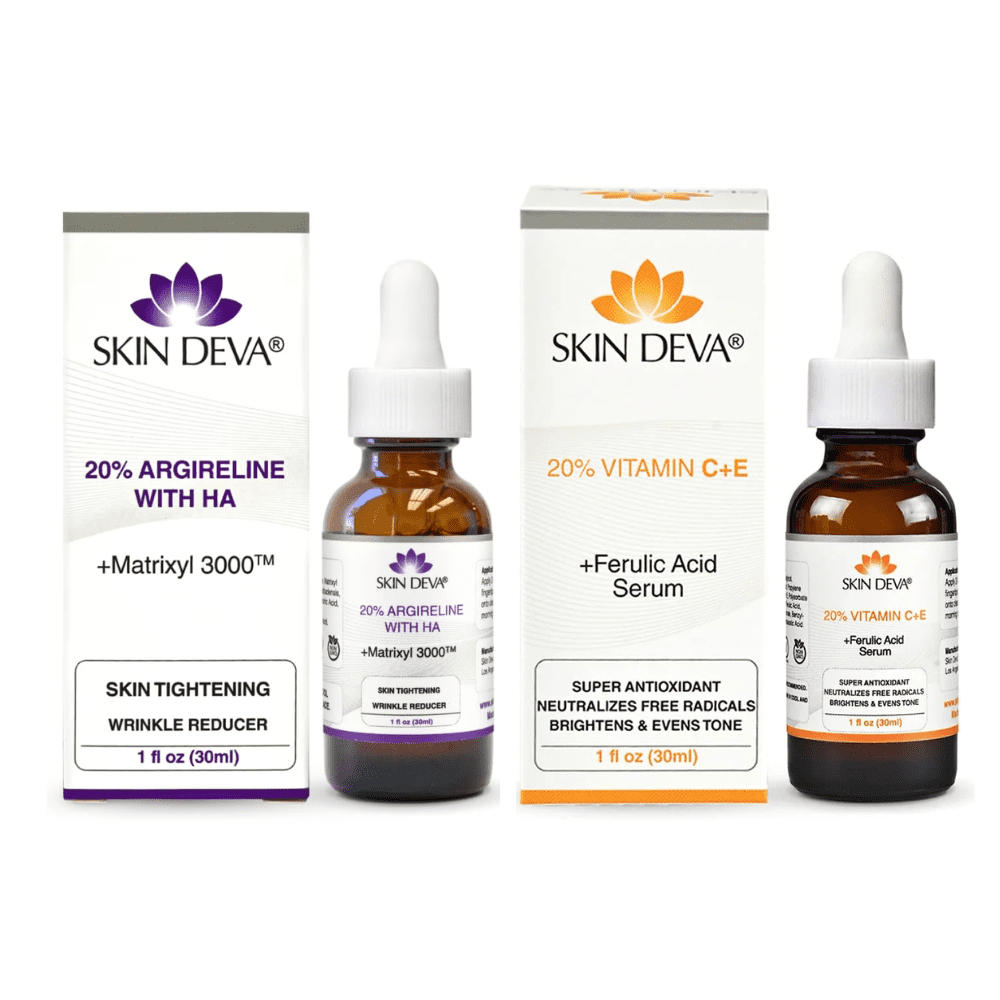 Skin Deva Vitamin C, E, Ferulic Antioxidant Serum + 20% Argireline Serum with Matrixyl 3000 Pure Hyaluronic Acid Serum (PACK OF 2)