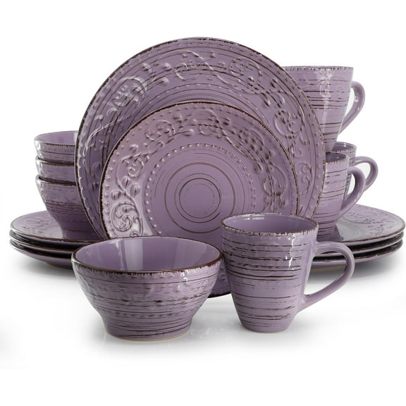 Malibu Mica 16-Piece Stoneware Embossed Pattern Reactive Glaze Purple Dinnerware Set, Tableware, Serveware Set (Mica Purple)