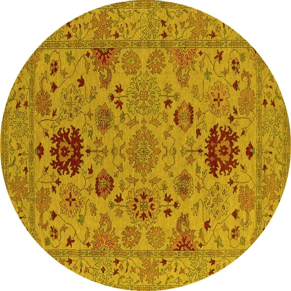 Ahgly Company Machine Washable Indoor Round Oriental Yellow Industrial Area Rugs, 8' Round