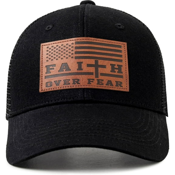 Christian US Flag Hat for Men Women, Faith Over Fear Cross Hat, Jesus USA Flag Leather Patch Adjustable Baseball Cap