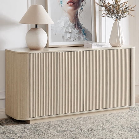 LKTART 64 Buffet Cabinet with Storage Modern Fluted Accent Sideboard Media Console Credenza with Adjustable Shelves Pressed Spring for Kitchen Living Room 31.5 H (Rock Grey)
