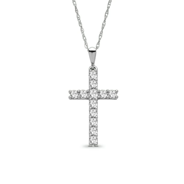 14K White Gold Diamond Cross Pendant with Silver Chain Necklace for Women  (1/2 Cttw, I-J Color, I2-I3 Clarity), 18