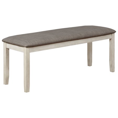 Wooden Bench with Fabric Upholstered Seat and Chamfered Legs White and Gray- Saltoro Sherpi