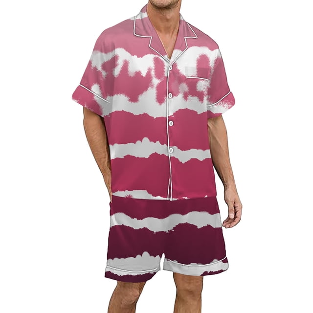 Men's Gradient Printed Satin Short Sleeve Button Up Pajama Loungewear Set for Comfortable Sleep and Relaxation at Home