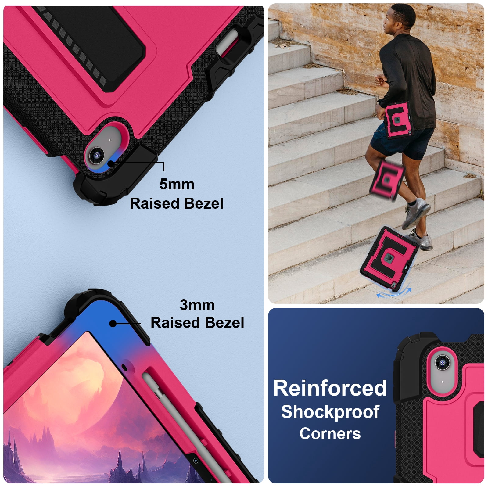ELEHOLD 3-Layer Rugged Case For Apple iPad Air 13‑inch (M4) 2026, Heavy Duty Shockproof Logo Visible Foldable Kickstand Drop Protection Cover with Pencil Holder + Shoulder Strap, Black+Rose
