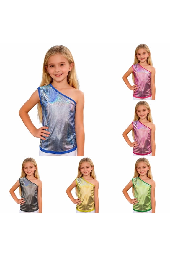 Girls Shirts Shiny Sequins Performance Tank Top for Dance Stage Show Birthday Party Fashion Trendy Asymmetrical Neck Sleeveless Tee