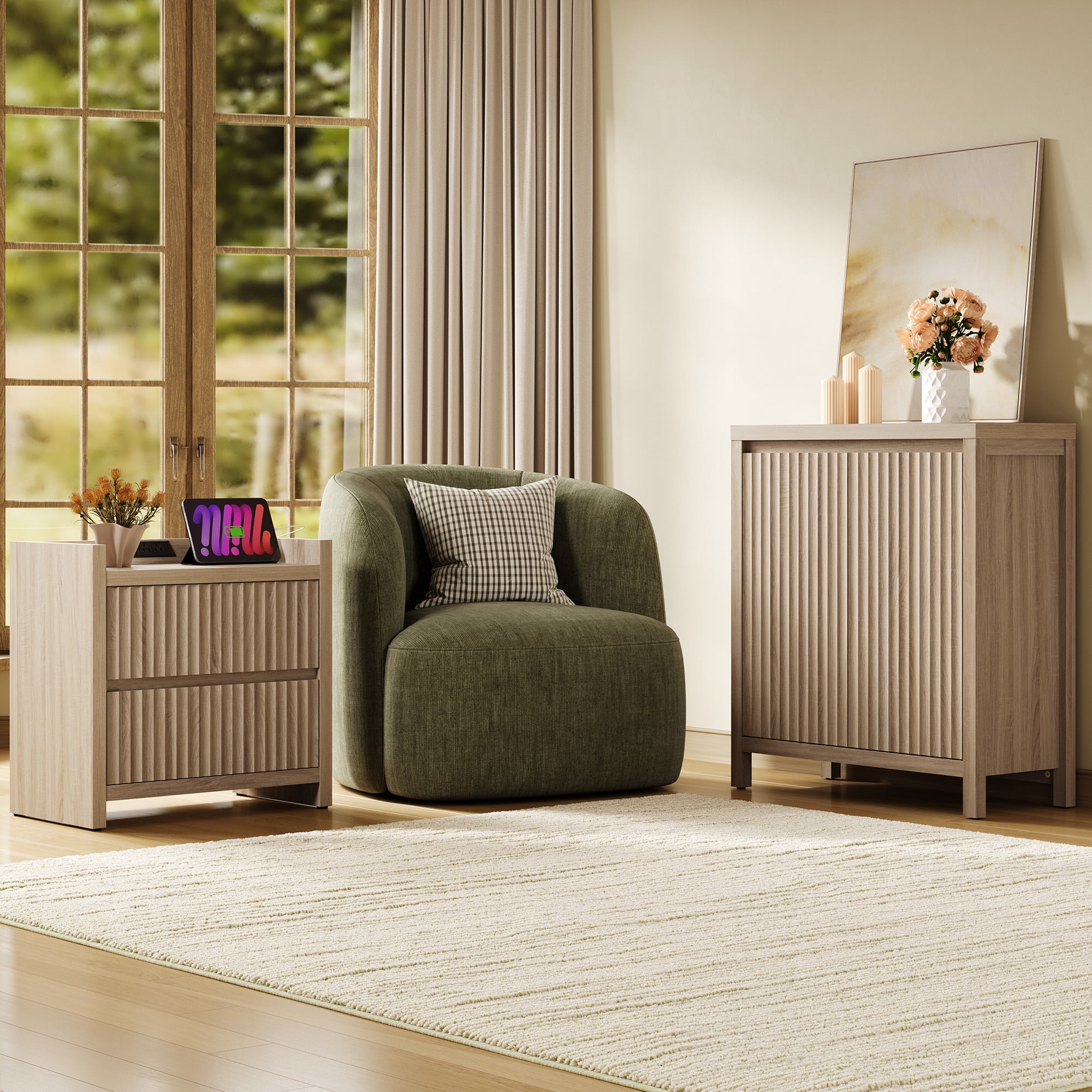 SICOTAS 25.4" Wide Farmhouse Nightstand Set of 2 with 2 Drawer, Modern Beside Table with Minimalist Fluted Design & Handle-Less Storage Bed Side Table with Charging Station for Bedroom, Light Oak