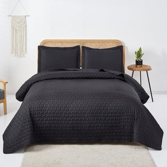 Jessy Home Solid Black Quilted Quilt Set Queen/Full Floral Microfiber Bedspread Coverlet