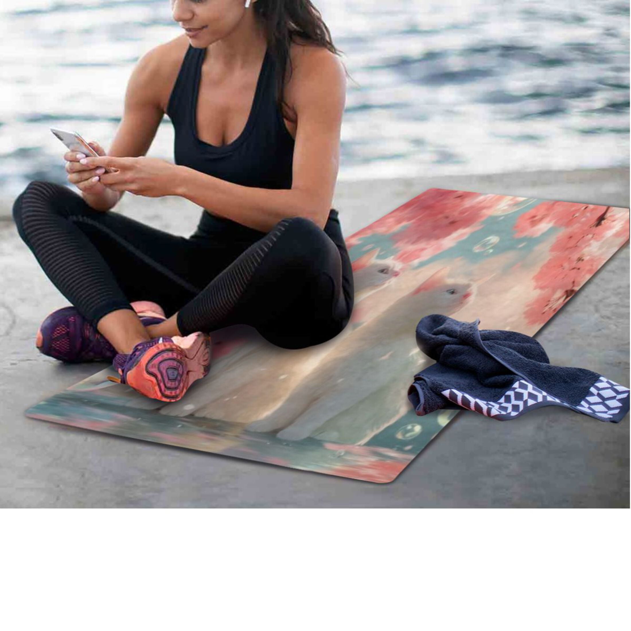 BZSMCE Yoga Mat Women Fitness Mat Blossom Cats and Bubbles Pattern