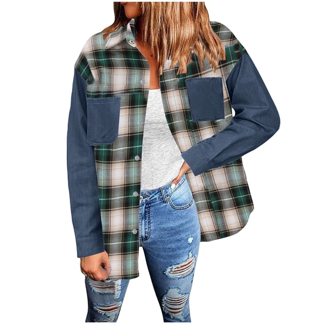 Veste en Jean à Carreaux pour Femmes, Manches Longues, Blouse Décontractée, Col Rabattu, Coupe Ample pour Automne Hiver Printemps, Mode Quotidienne, Extérieur