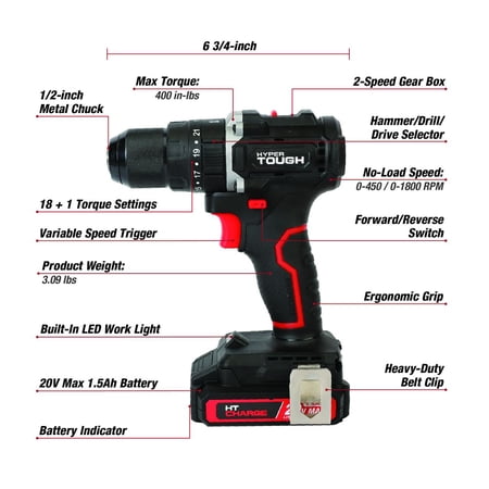 HYPER TOUGH 20V BRUSHLESS 1/2-INCH 2-SPEED CORDLESS HAMMER DRILL BATTERY & CHARGER