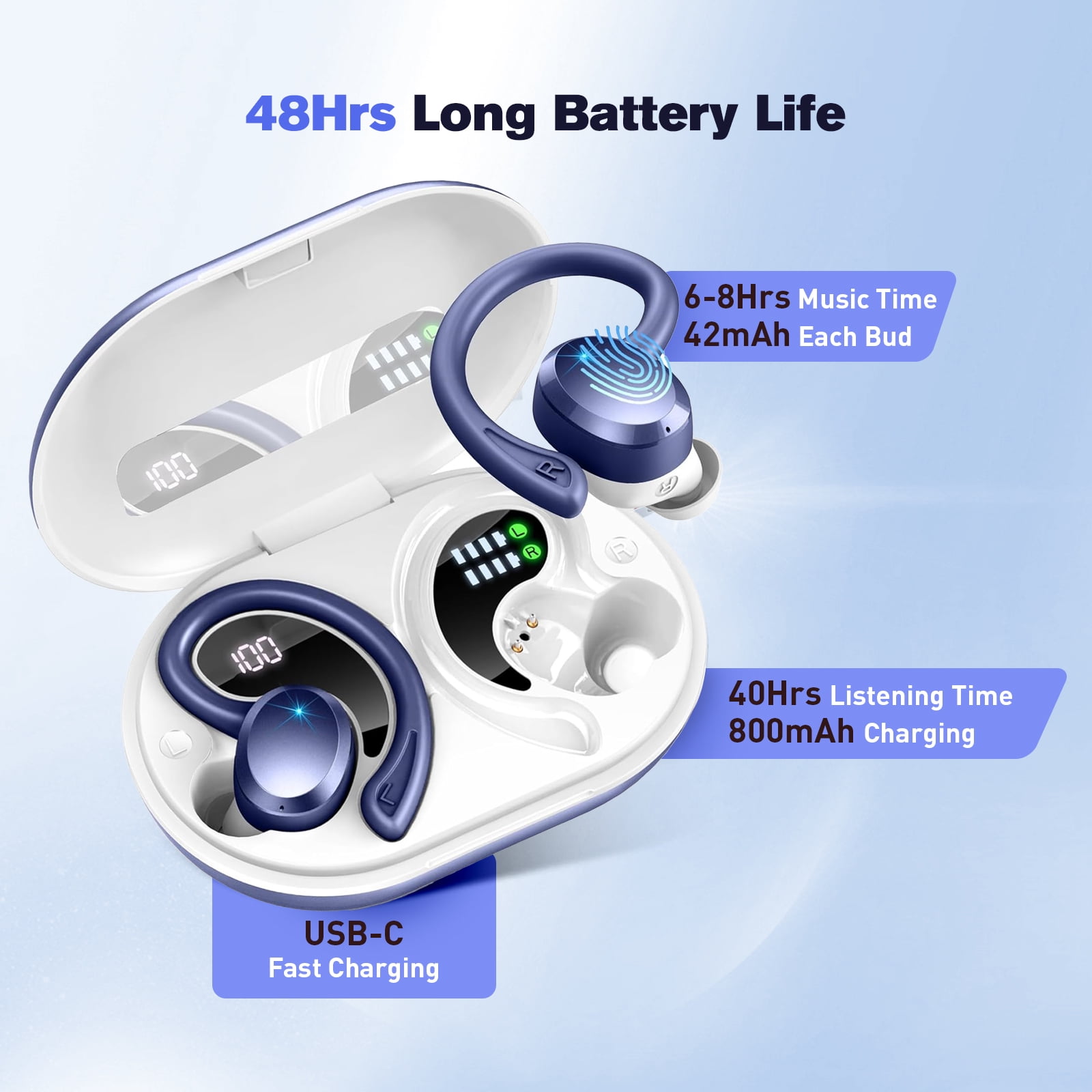 Wireless Earbuds - ETEPPEHI Bluetooth 5.3 Stereo Ear Buds with Earhooks, ENC Noise Cancelling Mic, IP7 Waterproof Earphone for Workout/Running, Blue
