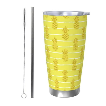 

Qekee Gold Pineapple Print 20OZ Car Cup Stainless Steel Vacuum Insulated Tumbler Tumbler Cup With Lid And Straw Travel Coffee Mug-Straw Two-piece Set