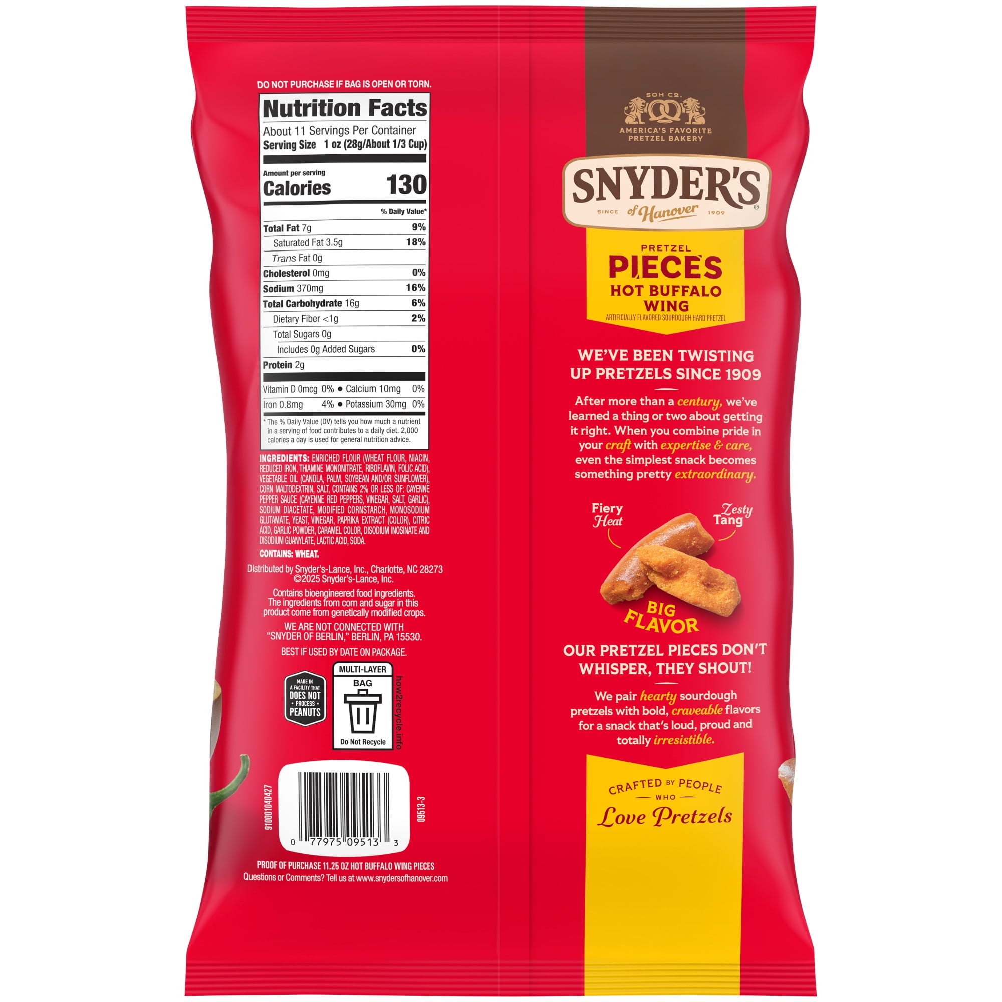 Snyder's of Hanover Hot Buffalo Wing Flavored Pretzel Pieces, 11.25 oz Bag