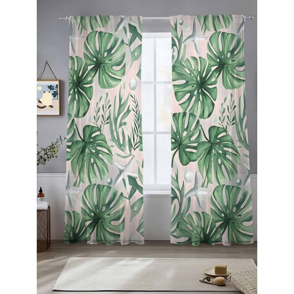 Summer Green Leaves Sheer Curtains for Living Room Bedroom Ocean Starfish Tropical Plants Sheer Curtains 84 Inch Long 2 Panels Set Light Filtering Curtain Window Treatments Drapes for Dining Room