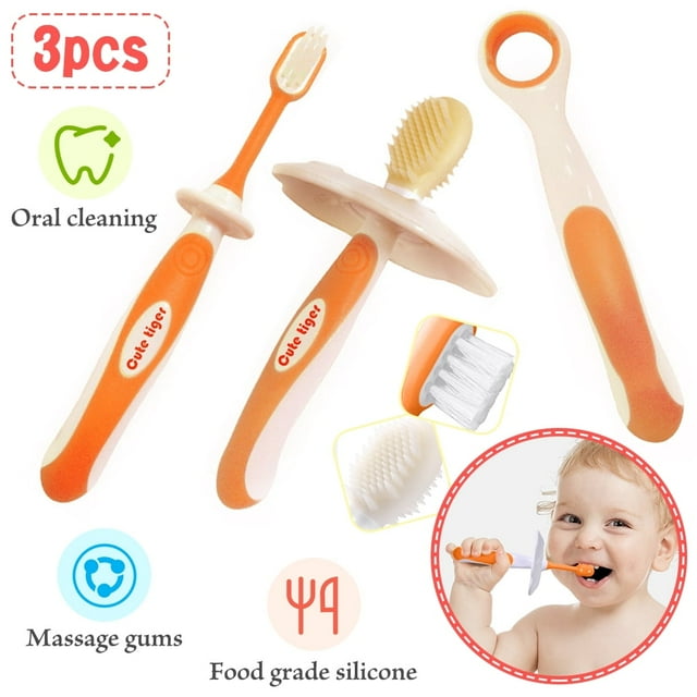 3Pcs Baby Toothbrush Set, Baby Tongue Cleaner Oral Care SetSilicone Toothbrush Teether & Toddler Toothbrush - Perfect Babys First Toothbrush Set for 0-36 Month Baby,Orange