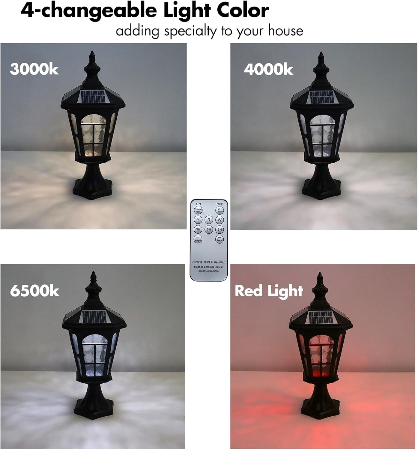 Claxy Solar Post Light Outdoor Solar Cap Light Exterior 4-Color LED Wireless Post Lantern with Romote, IP54 Waterproof Pier Outdoor Light Wire-Free for Porch Fence Garden Courtyard