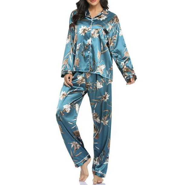 Conjunto de pijamas para mujer manga larga saten suave cuello con muescas botones pijamas Abanopi Pijamas Mujer Bodega Aurrera en linea