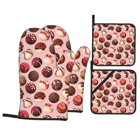 

Oven Mitts and Pot Holders 4 pcs Set Delicate Chocolate Ball Print Heat Resistant Pot Holders Oven Mitts for kitchen Non-Slip Hanging Loop Oven Glove Potholders for Baking Cooking