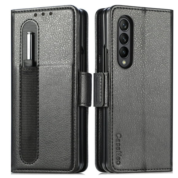 Dteck Galaxy Z Fold 4 Case with S Pen Holder, PU Leather Card Wallet Phone Case for Samsung Galaxy Z Fold 4 7.6 inch 2022, 360 Full Protection Shockproof Shell Cover with Stand,Black