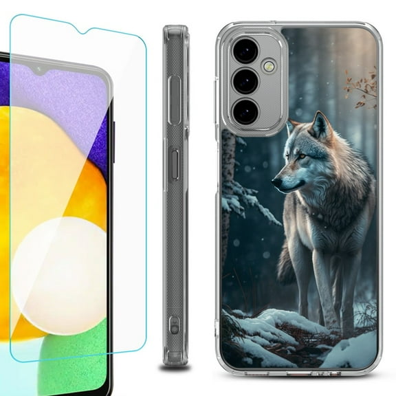 Shockproof Bumper Phone Case for Samsung Galaxy A14 5G, with Tempered Glass Screen Protector, by OneToughShield ® - Wolf Winter