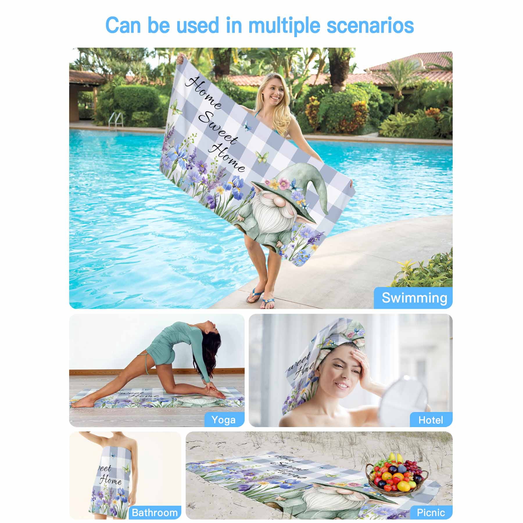 Home Sweet Home Gnome Beach Towels Blanket Soft&Absorbent Quick Dry Microfiber Purple Floral Plaid Pool Towels for Swimming ,Yoga, Sports, Gym, Camping,Large 30X60in,