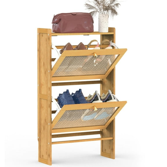 GHooa 2-Tier Bamboo Shoe Storage Cabinet 2 Flip Drawer for Entryway Sneaker Organizer-S - 19x34x6.7in