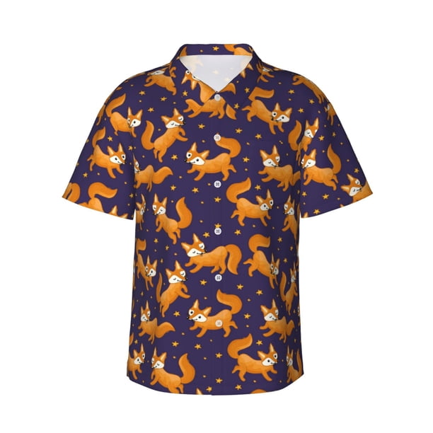 Fotbe Stars and Fox Cute Camisa Hawaiana para Hombre Unisex – Camisa Casual de Verano con Botones de Manga Corta de Algodón y Lino,X-Large
