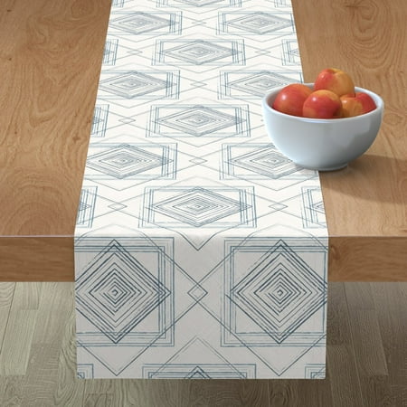 

Cotton Sateen Table Runner 72 - Midcentury Modern Farmhouse Diamond Plaid Geometric Trellis Triangle Squares Blue Neutrals Print Custom Table Linens by Spoonflower