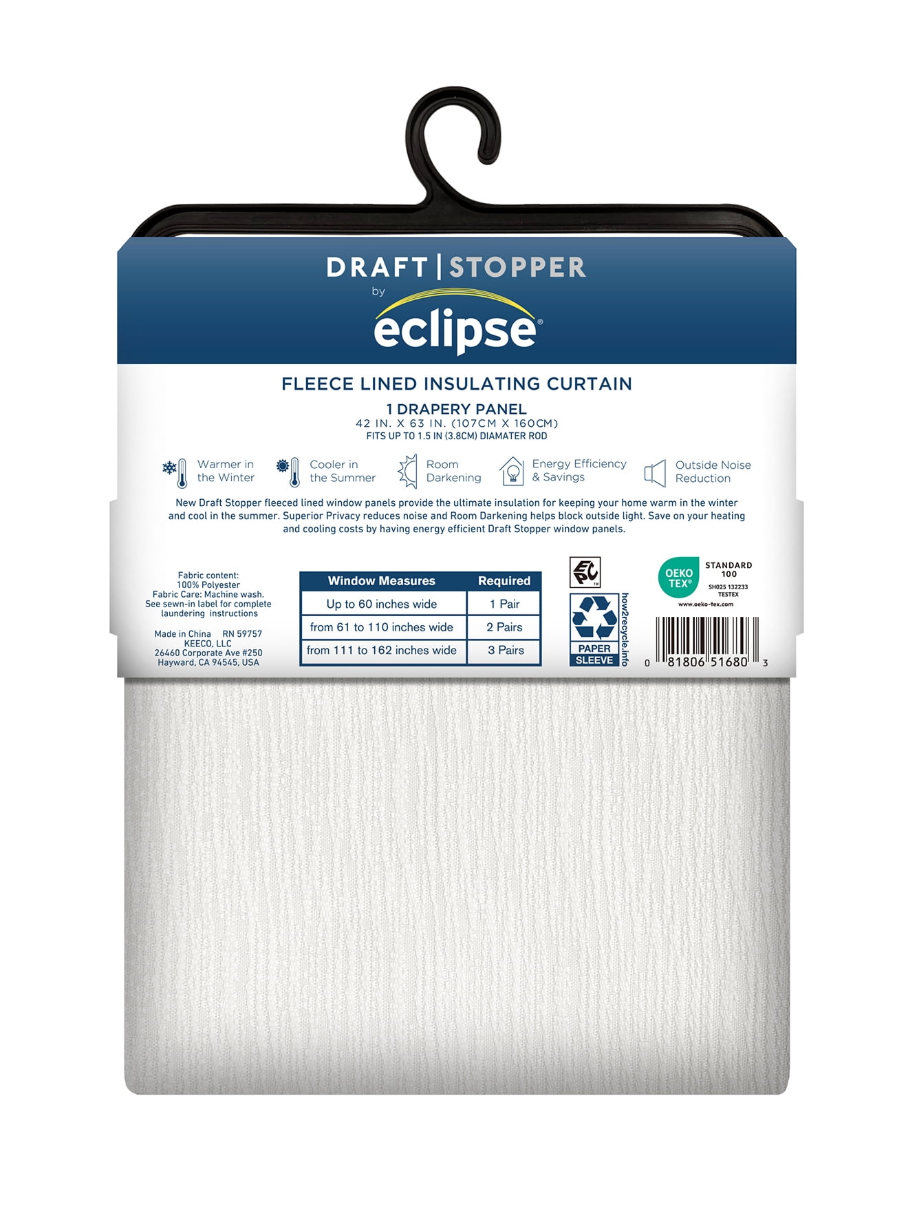(2 pack) Eclipse Draft Stopper Room Darkening Fleece Lined Rod Pocket, Single Curtain Panel, White, 42" W x 63" L
