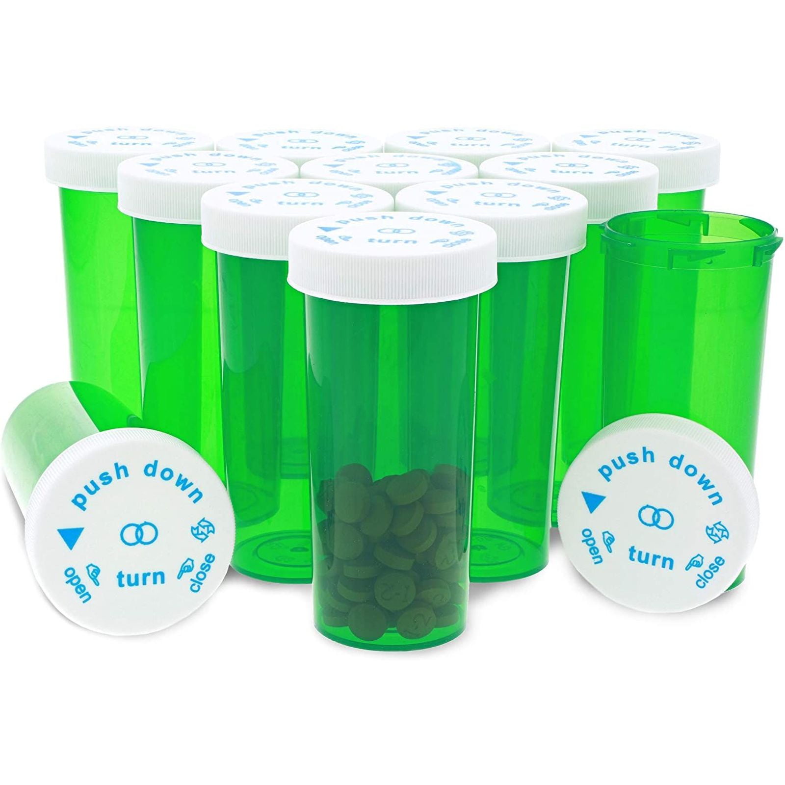 10 Pill Bottles Storage Clear Brown Plastic With Child Lock Lids 300ml 
