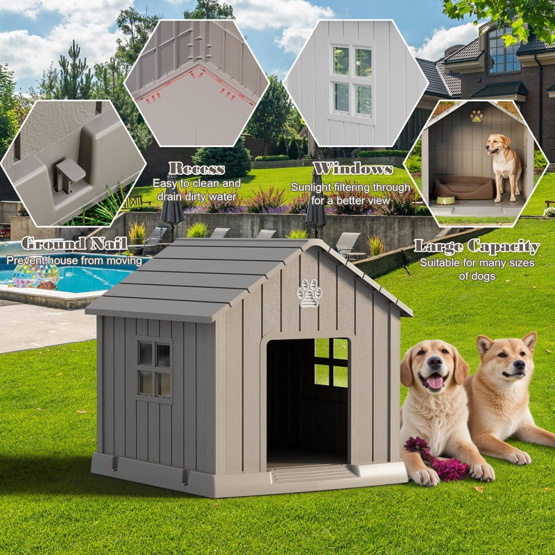 Bifanuo Durable Dog House, Indoor Outdoor Wateproof Doghouse, Pet Plastic Dog kennel for Small Medium Dogs,Grey and Blue ,29.9L x 32.3W x 32.5H Inchs