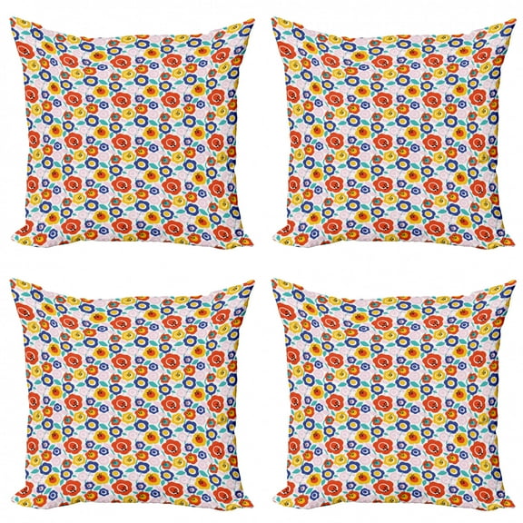 Floral Throw Pillow Cushion Case Pack of 4, Colorful Tones Simplistic Spring Garden Art Flowers Leaves Pattern, Modern Accent Double-Sided Print, 4 Sizes, Vermilion and Multicolor, by Ambesonne