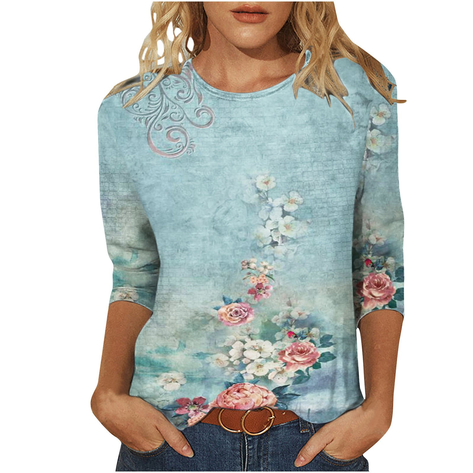 hgsbede 3/4 Sleeve Shirts for Women Fashion Floral Print Mid-Length ...