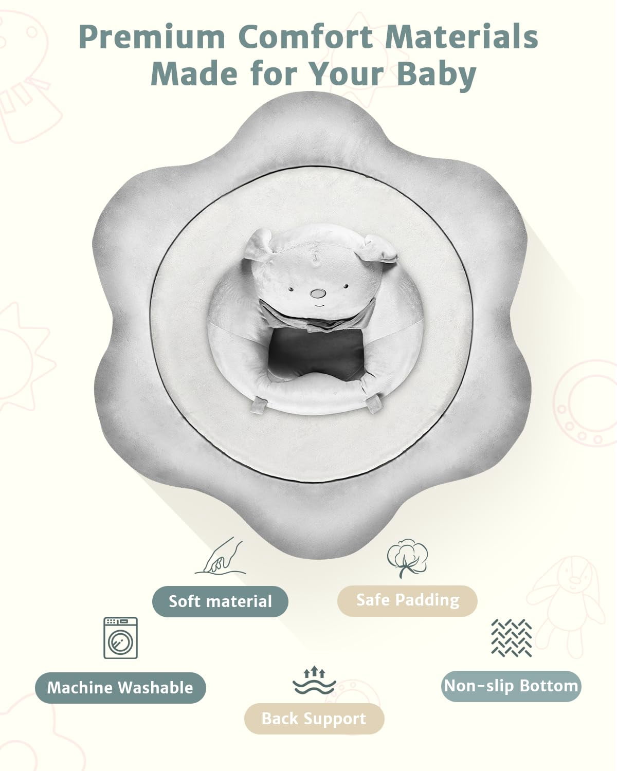 Baby Gym Play Mat, Sitting-up Babies Seats for Infants,with 5 Detachable Toys, Infant Toddler Activity Tummy Time Playmats for Newborn 0-12 Months, Grey