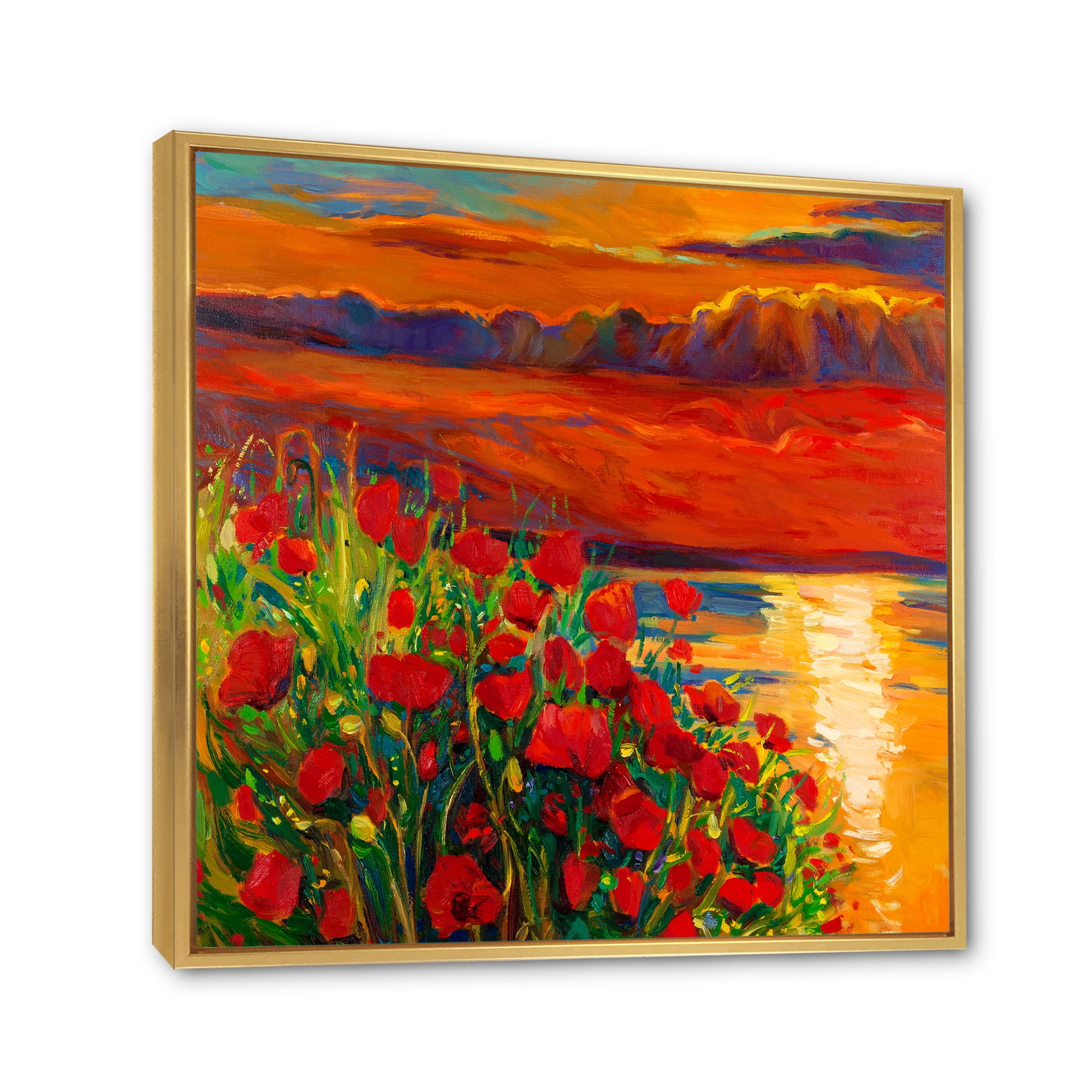 Red Poppies By The Ocean During Evening Glow 16 in x 16 in Framed Painting Canvas Art Print, by Designart
